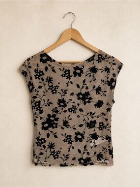 Streetwear Society Taupe Short-Sleeve Top w/ Black Floral Print / Sheer Baby Tee